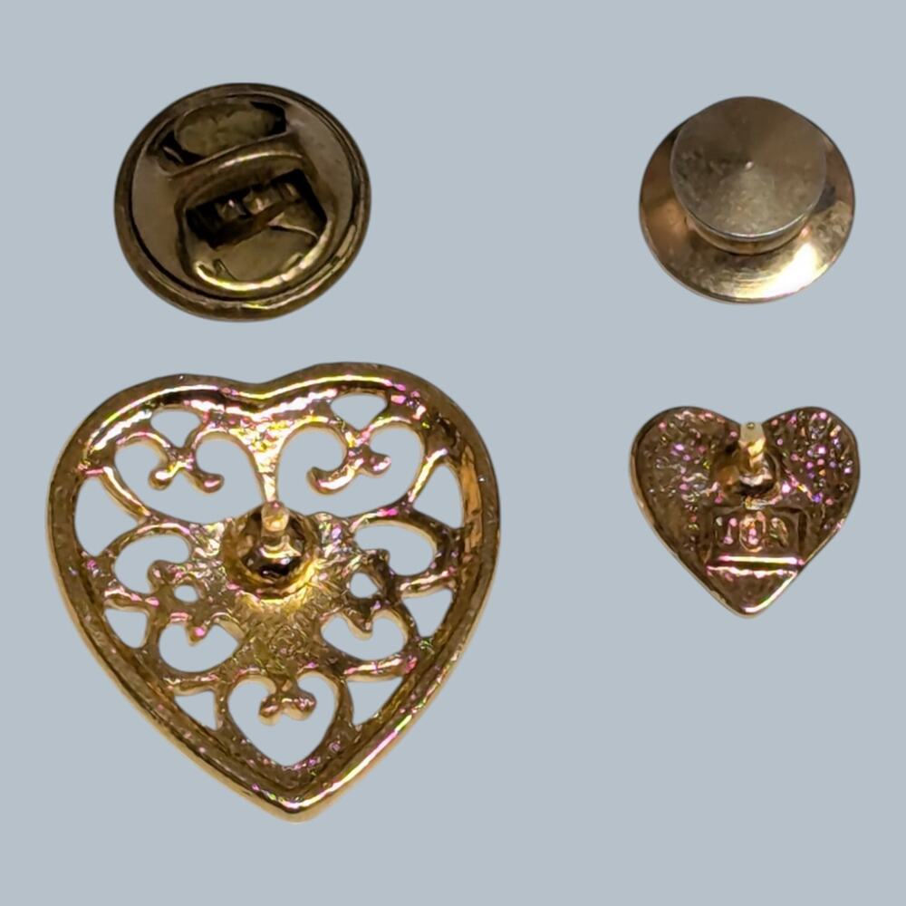 Filigree Gold Tone Pink Rhinestone & Solid Heart Hat Lapel Pin Lot - Picture 2 of 4